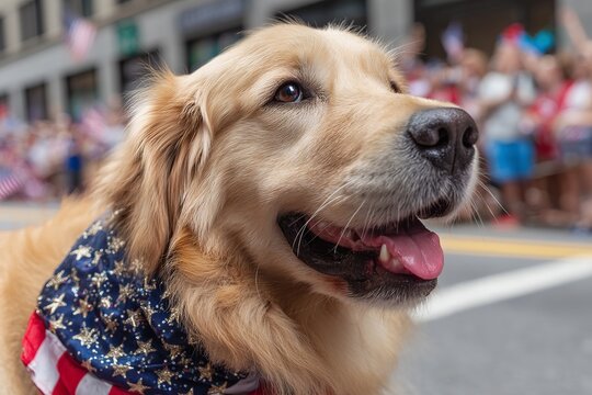 Adorable Golden Retriever Dog Wearing Patriotic Bandana Happy Dog Summer Festive Celebration Pet Animal Portrait Photography Cute Canine Friend Loyal 