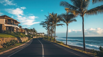 Coastal road lined with luxury beachfront houses and swaying palm trees