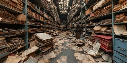 Obraz premium Forgotten Archives: A Glimpse into a Decaying Repository of Knowledge