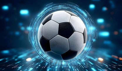 Naklejka premium A dynamic and modern soccer ball surrounded by a high-tech digital aura, symbolizing the excitement and energy of the game and its global appeal.