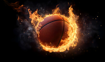 Fototapeta premium A dynamic image of a basketball engulfed in flames, symbolizing passion and intensity in sports, perfect for capturing the energy of the game.