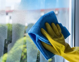 Woman Housekeeper in Protective Gloves Cleaning Window &ndash; Home Care Concept