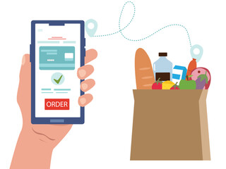 Hand holding smartphone doing online shopping buying  grocery product from online store and doing payment through debit or credit card. vector illustration