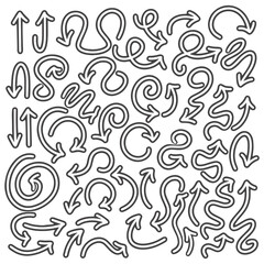 Set of hand-drawn arrow doodles with various directions, curves, and styles on clean white background