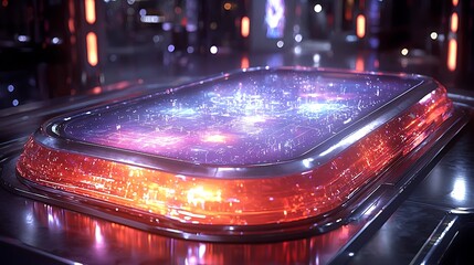 Futuristic, glowing, translucent panel with vibrant energy display.  Complex, interactive technology