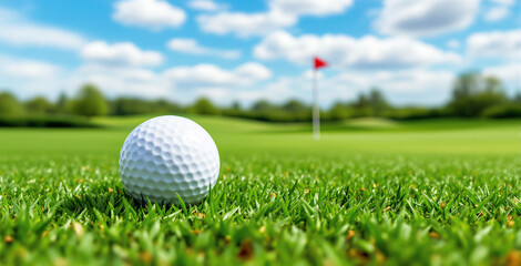 Obraz premium Golf ball close-up on vibrant green grass field, photorealistic style, with defocused golf flag in sunny outdoor background. Sport concept. Ai generative