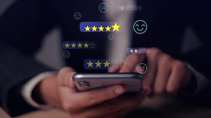 Customer user smartphone Feedback and Review Survey measuring Service Quality and Client Satisfaction with Star Ratings in a Digital Environment to Ensure a Happy Experience.