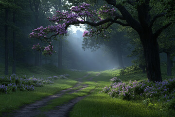Fototapeta premium Magical forest trail illuminated by soft light and blooming flowers creating a serene atmosphere