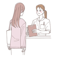 病院の受付の看護師と患者の女性のイラスト