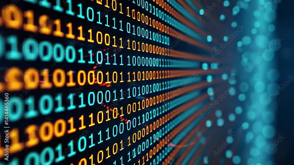 Poster glowing binary code streams through a digital landscape, illustrating data processing and technology