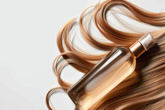 Luxurious golden hair care elixir artfully arranged with flowing strands on soft background