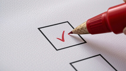 Fototapeta premium Close Up of Red Pencil Marking a Check Mark Inside Square Box on White Textured Paper Surface