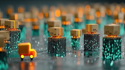 Fast-moving package surrounded by glowing data points illustrates AI-driven logistics in a dynamic global delivery network