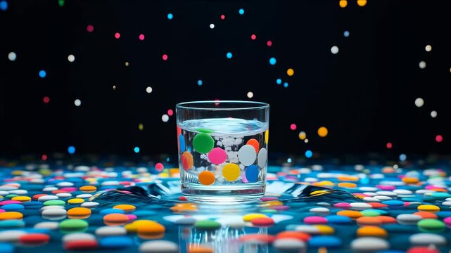 Colorful Candy Dots Surrounding a Glass of Water