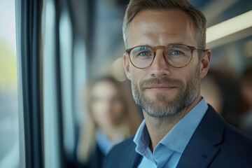 Fototapeta premium Concept of business professionals working together in a high-tech urban environment. Beautiful simple AI generated image