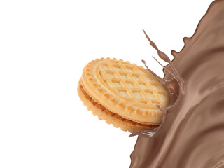 Chocolate milk flow and yummy cookie in air on white background