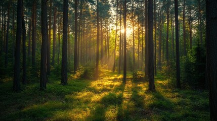 Fototapeta premium Sunlight streams through the dense trees of a Russian forest, illuminating the undergrowth and creating a serene atmosphere. The early morning light highlights the beauty of nature
