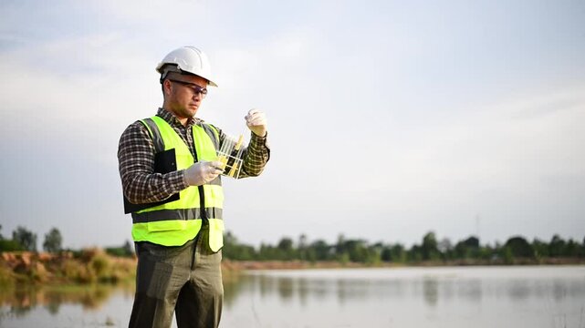 An environmentalist is collecting samples of water to be tested for contaminants in a science lab.