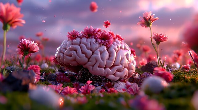 Brain with flowers symbolic concept of mind and growth