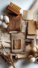 Fototapeta premium A harmonious arrangement displays cotton fabric swatches, linen napkins, and handmade items against a subtle neutral backdrop