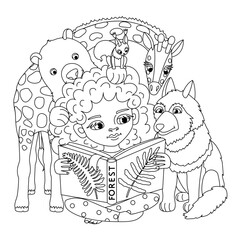vector girl and animals reading a open book. Cartoon black and white clip art isolated on transparent background. Hand drown design element. Coloring book page
