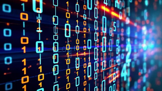 Vibrant patterns of binary code light up the digital space, illustrating the dynamics of data transmission in a futuristic environment filled with bright colors.