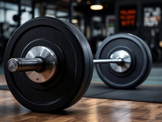 Fototapeta premium Sports equipment metal barbell in a gym area