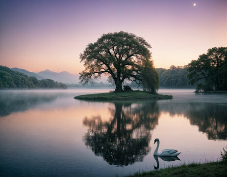 espectacular lago con isleta en el centro y cisnes nadando