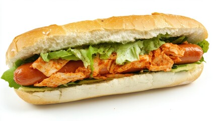 Appetizing hot dog sandwich with fresh lettuce and delicious chicken on a white background studio shot close up view perfect for food blog