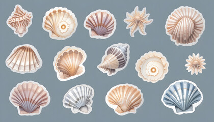 set of happy cute seashell watercolor illustrations for printing on baby clothes, pattern, sticker, postcards, print, fabric, and books