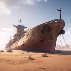 Fototapeta premium visual representation of an ecological disaster: a massive rusted ships stranded in the middle of a dry desert where an sea used to be.