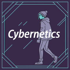 Fototapeta premium Futuristic Typeface and HUD Interface with 3D Wireframe Shapes — Sci-Fi Cyberpunk Graphic Box for Streetwear Typography and T-Shirts | Vector Art Featuring 'Cybernetics' (Japanese Translation)
