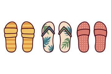 Colorful summer flip flops and sandals arranged in a row, representing casual beachwear and vacation footwear