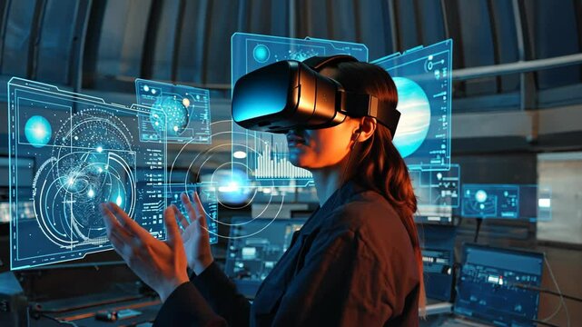 A talented female scientist uses advanced virtual reality technology to study and analyze complex data for innovative projects that greatly enhance our understanding of various fields