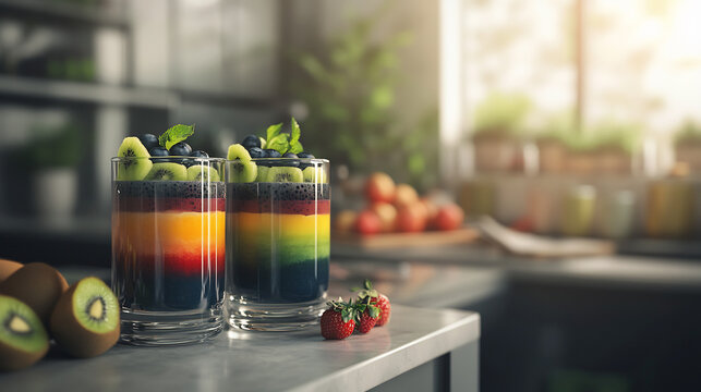 High end juice presentation vibrant layered juice like acai blueberry kiwi served elegant glass cup juice garnished fresh fruit placed stylish kitchen island creating refined visually striking display