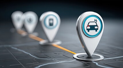 Connected map pins stand on city streets, providing geographic information for hiking and driving in a modern urban setting