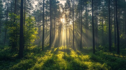 Fototapeta premium Morning rays of sunlight pour through the dense canopy of a Russian forest, creating a tranquil atmosphere. Lush greenery thrives beneath the towering trees as the day begins