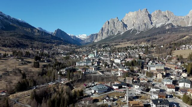 Cortina d'ampezzo aerial drone fly above famous italian village hosting olympics winter games