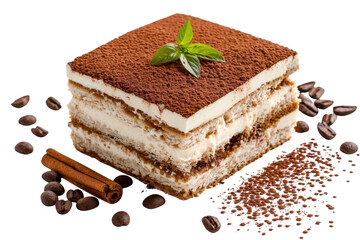 Delicious homemade tiramisu layered dessert with cocoa powder and coffee beans on a white plate