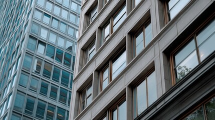 Fototapeta premium The towering facades of high-rise buildings showcase a mix of glass and steel, reflecting modern urban life and architectural evolution.
