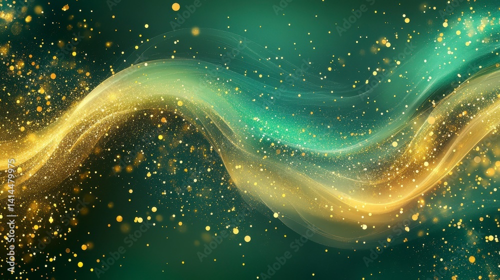 Aufkleber abstract gold and green wave with sparkling particles on dark background.