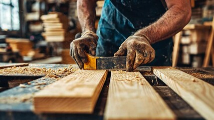 Carpenter smoothing wood planks in workshop, sawdust and tools in background.  Possible use for woodworking tutorials or skill demonstrations
