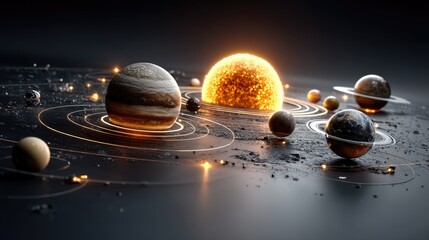 Exploration of the solar system reveals planets and moons accurately positioned, including Earth and the prominent orange sun