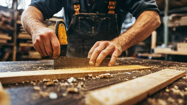 Carpenter shaping wood in workshop; sawdust, tools, and work in progress