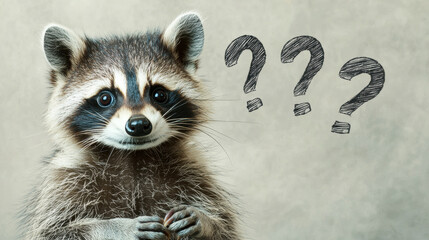 Confused raccoon with expressive face and floating question marks, clean background