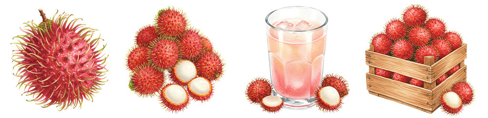 A Watercolor collection of rambutan fruit and a refreshing glass of juice on a plain presentation space setup on transparent background
