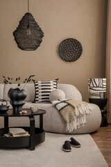 Interior design of living room interior with stylush sofa, art painitngs, decorations and...