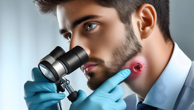 Medical professional examining abscess under a dermatoscope in a clinical setting