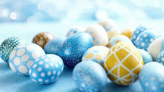 Close-up of beautifully decorated Easter eggs in shades of blue, white, and yellow.