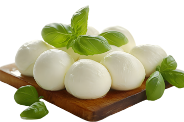Fresh mozzarella cheese balls Bufala Campana DOP Bocconcini isolated on white transparent background. Concept of fresh dairy products and Italian cuisine